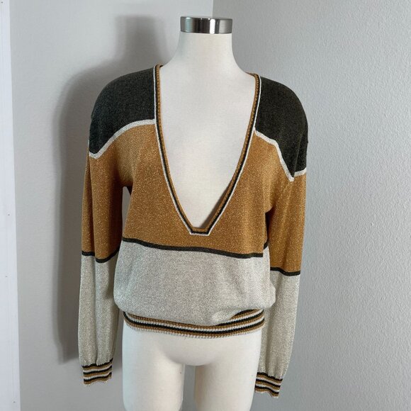 Free People Womens Medium Metallic Deep V Neck Sweater Gold Dust Pullover Top - Picture 2 of 14